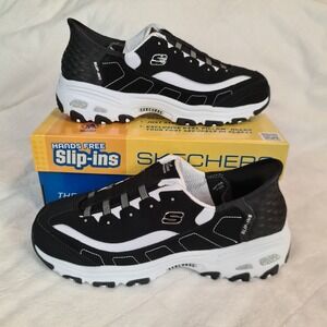 Skechers Womens Dlites Timeless Look‎ Slip Ins Black/White Size 11 Wide Sneakers
